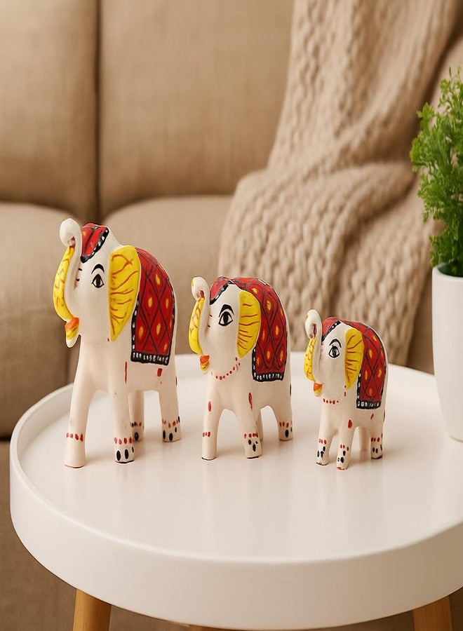 DreamKraft Paper Mache Handcrafted Set of 3 Elephant Action Showpiece Idols for Home Decor and Gift Purpose(White) - Image 4